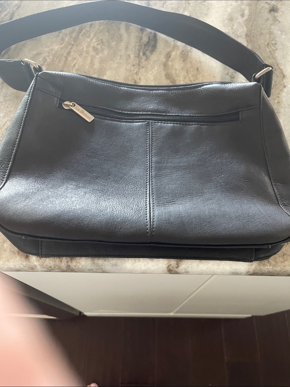 Black Leather Shoulder Bag with Front Zip Pocket